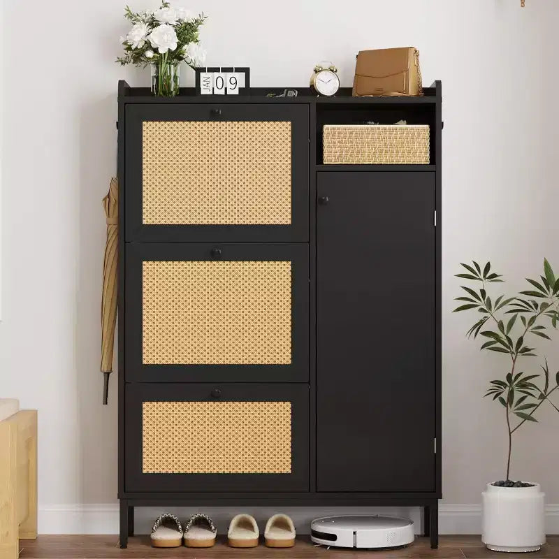 Garvee Shoe Cabinet with 3 Flip Drawers, 4-Tier Rattan Shoe Storage Cabinet, Freestanding Shoe Organizer with Adjustable Shelves for Entryway