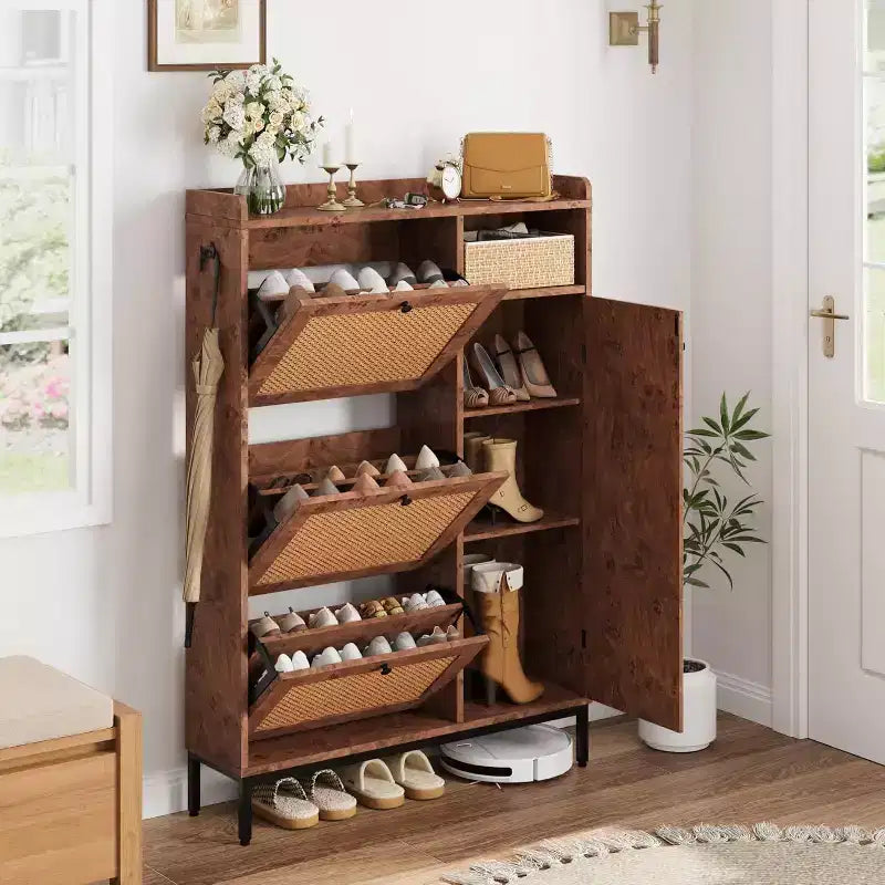 Shoe Cabinet with 3 Flip Drawers, 4-Tier Rattan Shoe Storage Cabinet, Freestanding Shoe Organizer with Adjustable Shelves for Entryway