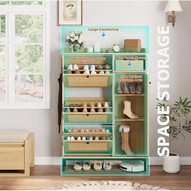 Shoe Cabinet with 3 Flip Drawers, 4-Tier Rattan Shoe Storage Cabinet, Freestanding Shoe Organizer with Adjustable Shelves for Entryway