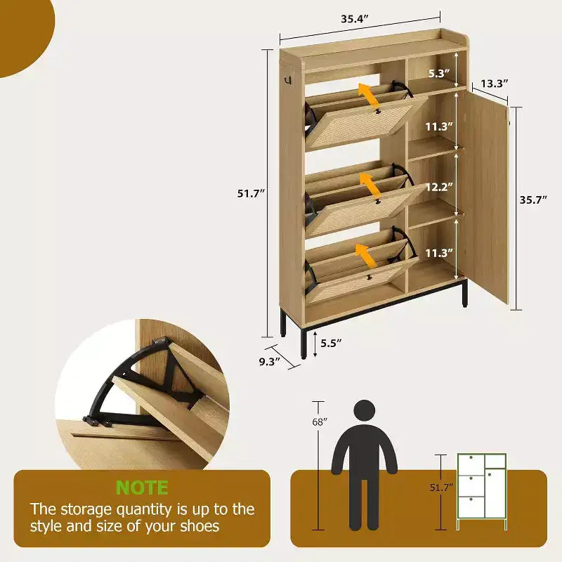 Shoe Cabinet with 3 Flip Drawers, 4-Tier Rattan Shoe Storage Cabinet, Freestanding Shoe Organizer with Adjustable Shelves for Entryway