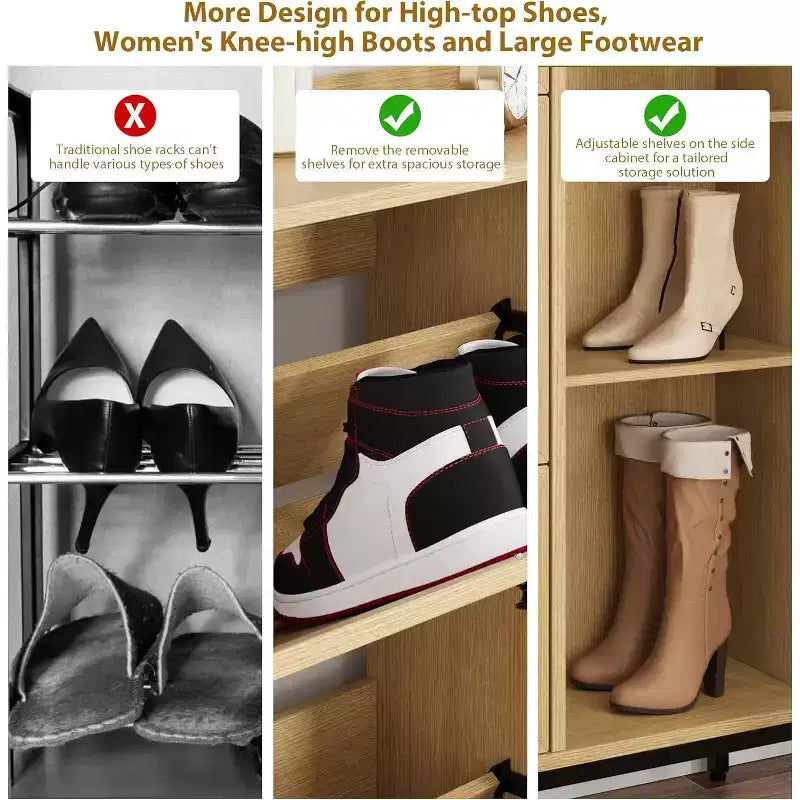 Shoe Cabinet with 3 Flip Drawers, 4-Tier Rattan Shoe Storage Cabinet, Freestanding Shoe Organizer with Adjustable Shelves for Entryway