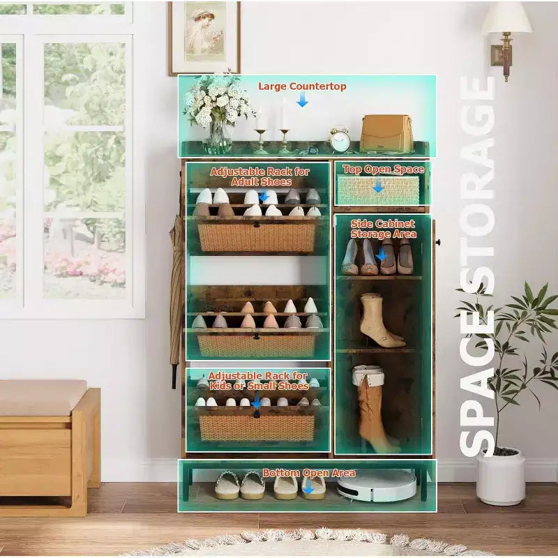 Shoe Cabinet with 3 Flip Drawers, 4-Tier Rattan Shoe Storage Cabinet, Freestanding Shoe Organizer with Adjustable Shelves for Entryway