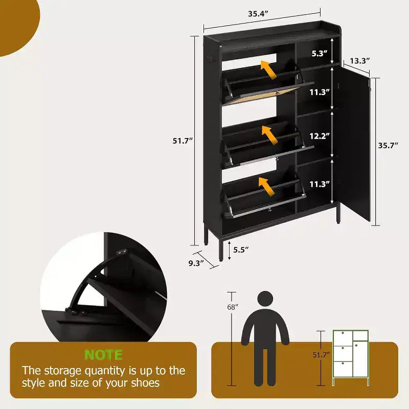 Shoe Cabinet with 3 Flip Drawers, 4-Tier Rattan Shoe Storage Cabinet, Freestanding Shoe Organizer with Adjustable Shelves for Entryway