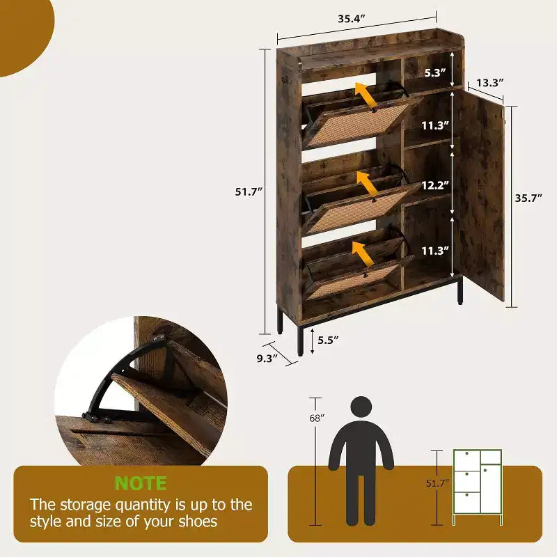 Shoe Cabinet with 3 Flip Drawers, 4-Tier Rattan Shoe Storage Cabinet, Freestanding Shoe Organizer with Adjustable Shelves for Entryway
