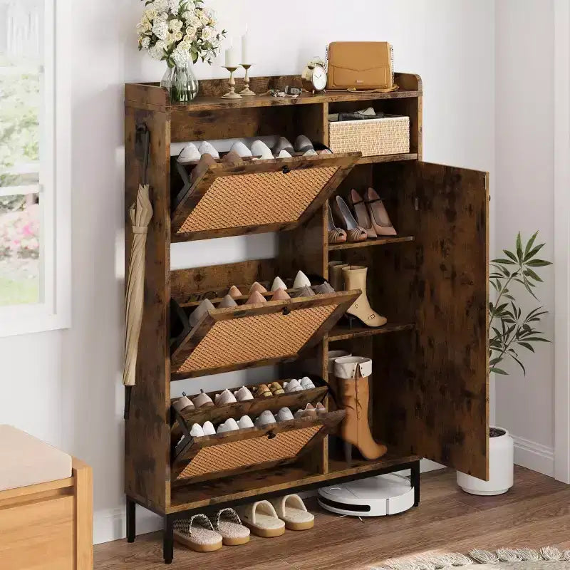 Shoe Cabinet with 3 Flip Drawers, 4-Tier Rattan Shoe Storage Cabinet, Freestanding Shoe Organizer with Adjustable Shelves for Entryway