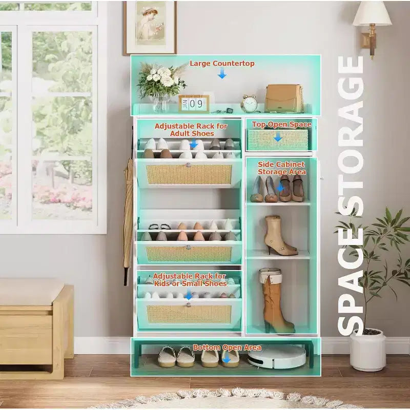 Shoe Cabinet with 3 Flip Drawers, 4-Tier Rattan Shoe Storage Cabinet, Freestanding Shoe Organizer with Adjustable Shelves for Entryway