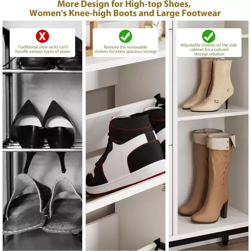 Shoe Cabinet with 3 Flip Drawers, 4-Tier Rattan Shoe Storage Cabinet, Freestanding Shoe Organizer with Adjustable Shelves for Entryway
