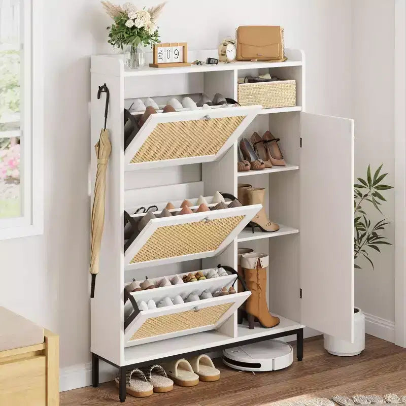 Shoe Cabinet with 3 Flip Drawers, 4-Tier Rattan Shoe Storage Cabinet, Freestanding Shoe Organizer with Adjustable Shelves for Entryway
