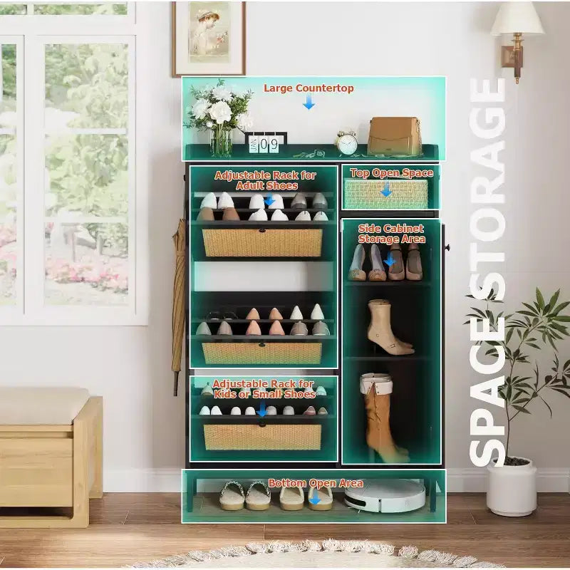 Shoe Cabinet with 3 Flip Drawers, 4-Tier Rattan Shoe Storage Cabinet, Freestanding Shoe Organizer with Adjustable Shelves for Entryway