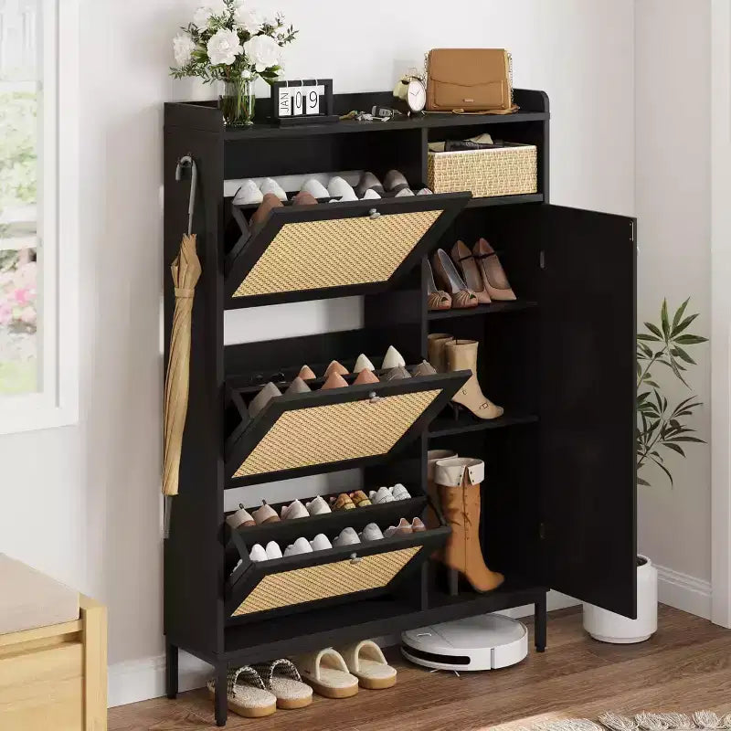 Shoe Cabinet with 3 Flip Drawers, 4-Tier Rattan Shoe Storage Cabinet, Freestanding Shoe Organizer with Adjustable Shelves for Entryway