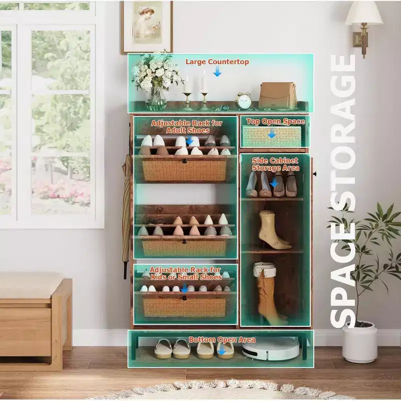Shoe Cabinet with 3 Flip Drawers, 4-Tier Rattan Shoe Storage Cabinet, Freestanding Shoe Organizer with Adjustable Shelves for Entryway