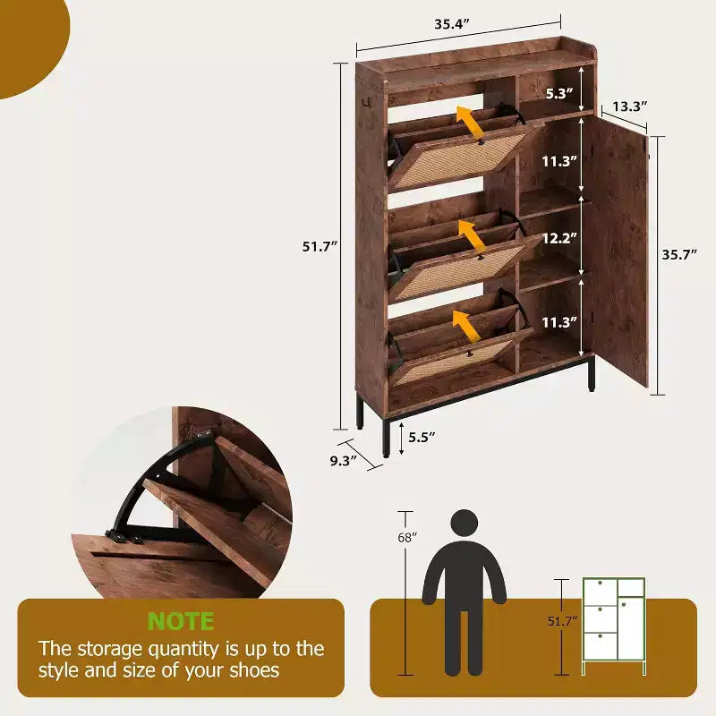Shoe Cabinet with 3 Flip Drawers, 4-Tier Rattan Shoe Storage Cabinet, Freestanding Shoe Organizer with Adjustable Shelves for Entryway