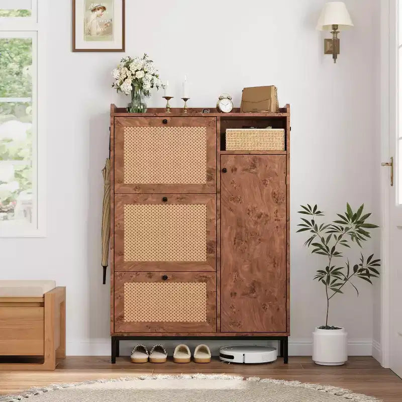 Shoe Cabinet with 3 Flip Drawers, 4-Tier Rattan Shoe Storage Cabinet, Freestanding Shoe Organizer with Adjustable Shelves for Entryway