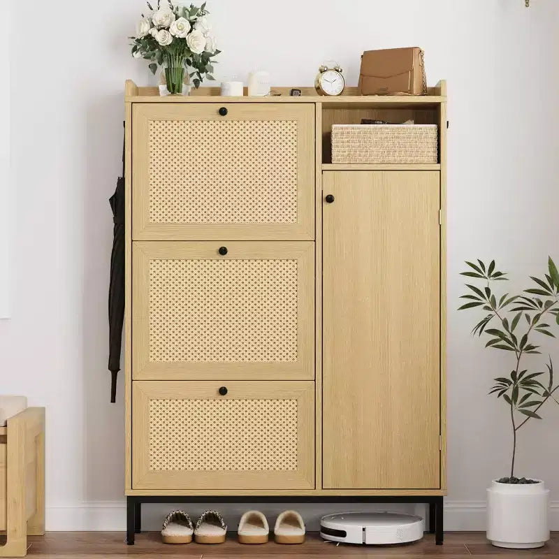 Shoe Cabinet with 3 Flip Drawers, 4-Tier Rattan Shoe Storage Cabinet, Freestanding Shoe Organizer with Adjustable Shelves for Entryway