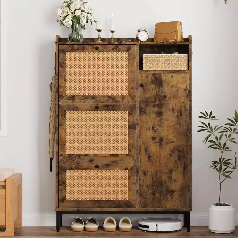 Shoe Cabinet with 3 Flip Drawers, 4-Tier Rattan Shoe Storage Cabinet, Freestanding Shoe Organizer with Adjustable Shelves for Entryway