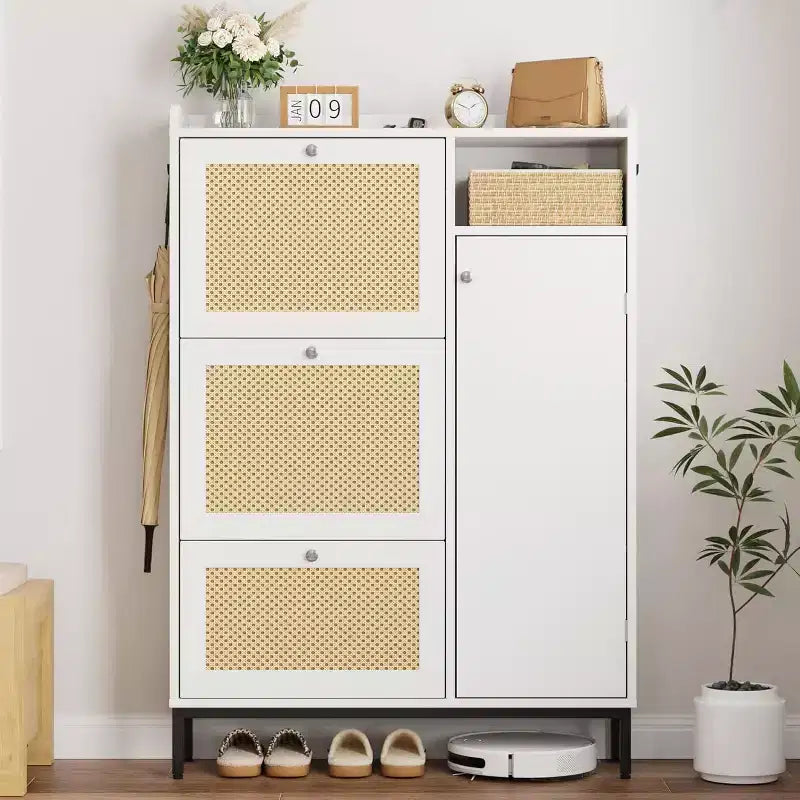 Shoe Cabinet with 3 Flip Drawers, 4-Tier Rattan Shoe Storage Cabinet, Freestanding Shoe Organizer with Adjustable Shelves for Entryway