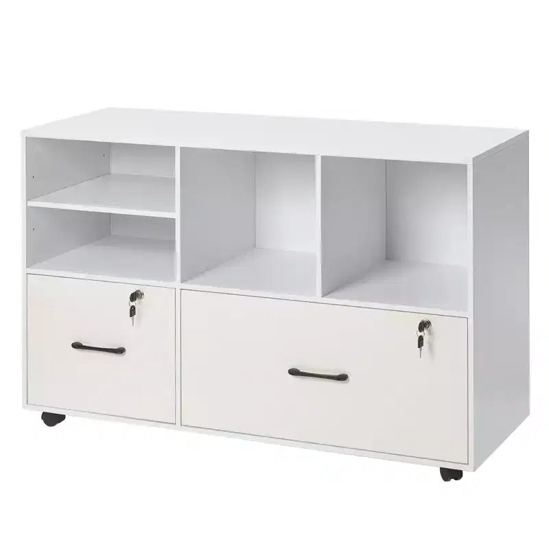 VEVOR 2 Drawer Wooden File Cabinet, Mobile Filing Cabinet with Open Shelves, Lockable Lateral Rolling File Storage with Adjustable Shelves, White