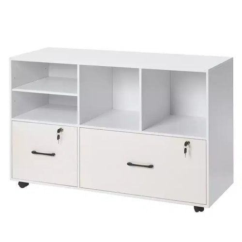 VEVOR 2 Drawer Wooden File Cabinet, Mobile Filing Cabinet with Open Shelves, Lockable Lateral Rolling File Storage with Adjustable Shelves, White
