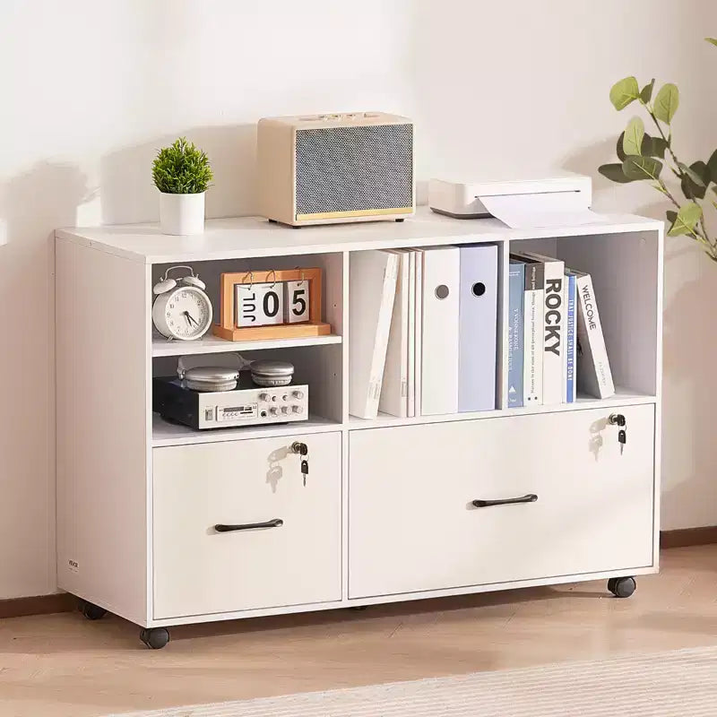 2 Drawer Wooden File Cabinet, Mobile Filing Cabinet with Open Shelves, Lockable Lateral Rolling File Storage with Adjustable Shelves, White