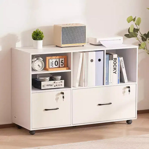 2 Drawer Wooden File Cabinet, Mobile Filing Cabinet with Open Shelves, Lockable Lateral Rolling File Storage with Adjustable Shelves, White