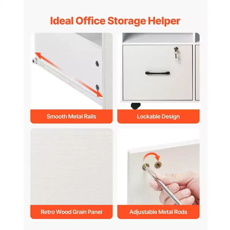 2 Drawer Wooden File Cabinet, Mobile Filing Cabinet with Open Shelves, Lockable Lateral Rolling File Storage with Adjustable Shelves, White