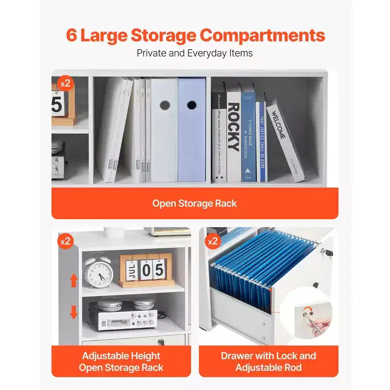 2 Drawer Wooden File Cabinet, Mobile Filing Cabinet with Open Shelves, Lockable Lateral Rolling File Storage with Adjustable Shelves, White