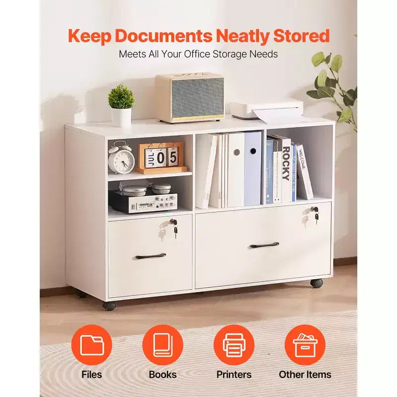 2 Drawer Wooden File Cabinet, Mobile Filing Cabinet with Open Shelves, Lockable Lateral Rolling File Storage with Adjustable Shelves, White