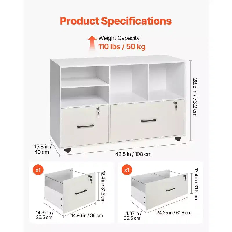 2 Drawer Wooden File Cabinet, Mobile Filing Cabinet with Open Shelves, Lockable Lateral Rolling File Storage with Adjustable Shelves, White