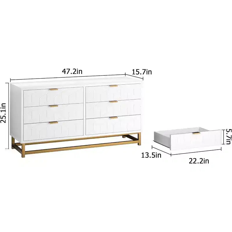 6 Drawer Dresser with Wide Storage, Wood Dressers & chests of Drawers with Metal Legs, Modern Dresser Chest Organizer for Bedroom, Living Room