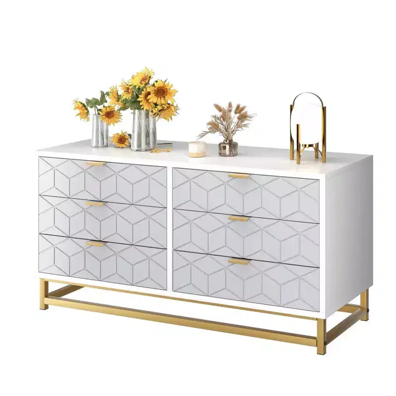 6 Drawer Dresser with Wide Storage, Wood Dressers & chests of Drawers with Metal Legs, Modern Dresser Chest Organizer for Bedroom, Living Room