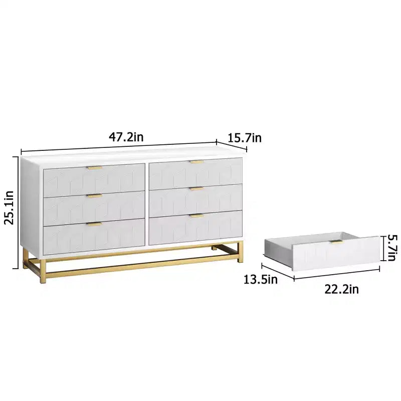 6 Drawer Dresser with Wide Storage, Wood Dressers & chests of Drawers with Metal Legs, Modern Dresser Chest Organizer for Bedroom, Living Room