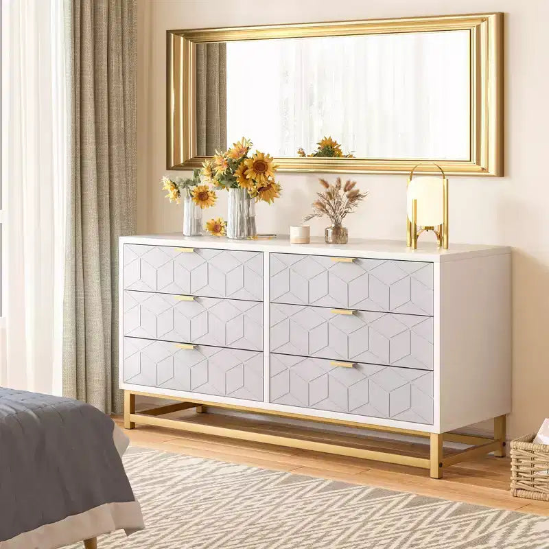6 Drawer Dresser with Wide Storage, Wood Dressers & chests of Drawers with Metal Legs, Modern Dresser Chest Organizer for Bedroom, Living Room