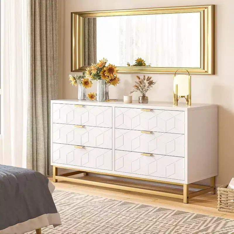 6 Drawer Dresser with Wide Storage, Wood Dressers & chests of Drawers with Metal Legs, Modern Dresser Chest Organizer for Bedroom, Living Room
