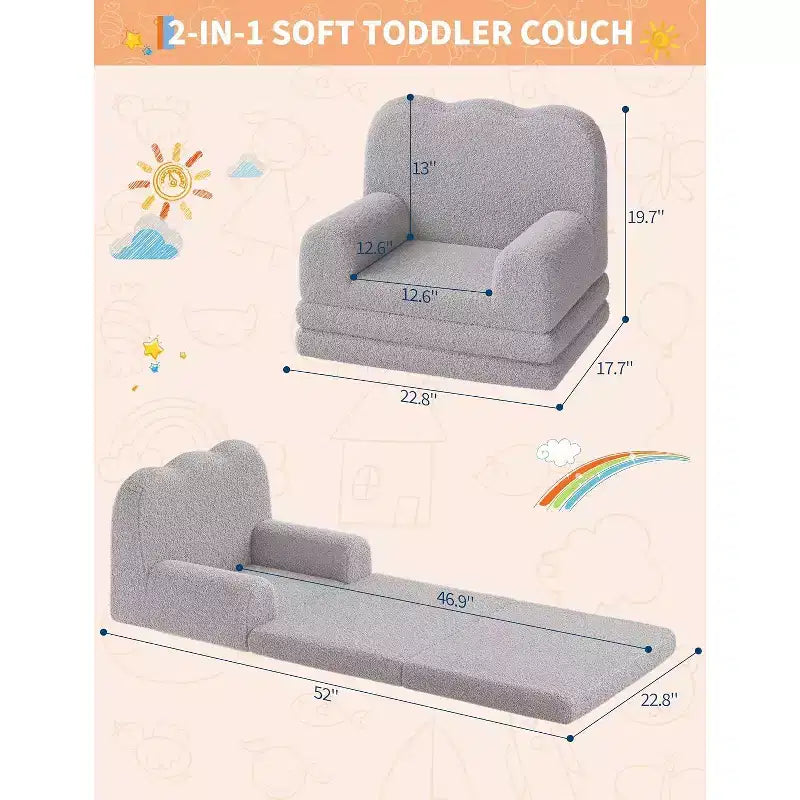 2-in-1 Comfy Toddler Couch Fold Out, Convertible Sofa to Lounger Foam Chair, Gift for Girls and Boys