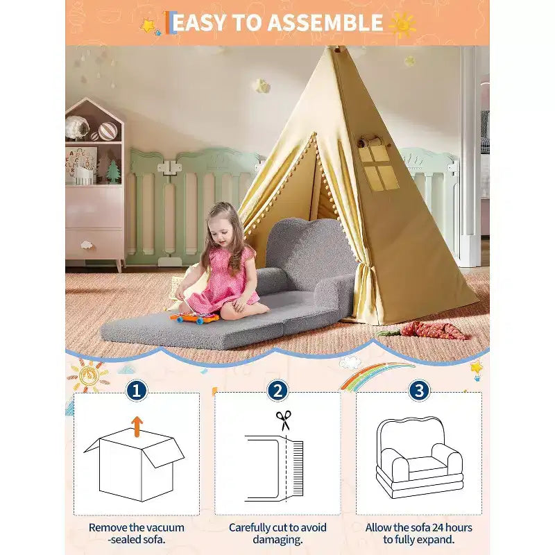 2-in-1 Comfy Toddler Couch Fold Out, Convertible Sofa to Lounger Foam Chair, Gift for Girls and Boys
