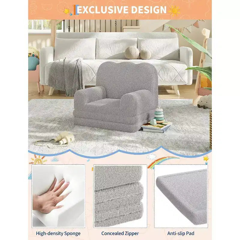 2-in-1 Comfy Toddler Couch Fold Out, Convertible Sofa to Lounger Foam Chair, Gift for Girls and Boys