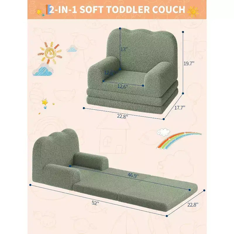 2-in-1 Comfy Toddler Couch Fold Out, Convertible Sofa to Lounger Foam Chair, Gift for Girls and Boys