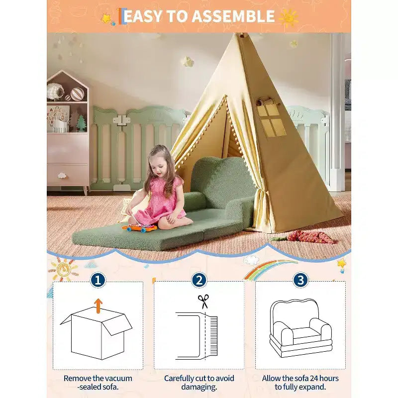 2-in-1 Comfy Toddler Couch Fold Out, Convertible Sofa to Lounger Foam Chair, Gift for Girls and Boys