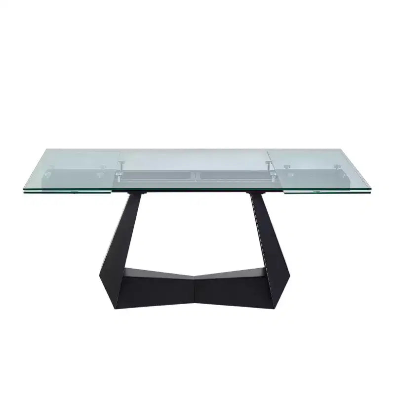 HomeRoots 71 Clear and Black Glass and Metal Self-Storing Leaf Sled Base Extendable Dining Table
