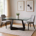 Table à manger extensible avec piétement luge, rallonge intégrée, en verre clair et noir et métal, 71 po