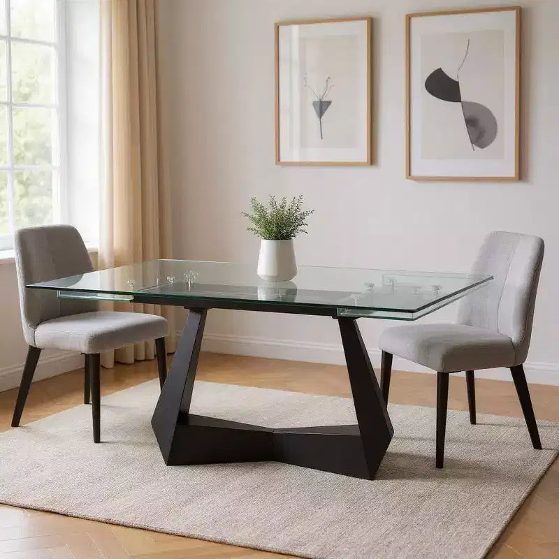 71 Clear and Black Glass and Metal Self-Storing Leaf Sled Base Extendable Dining Table