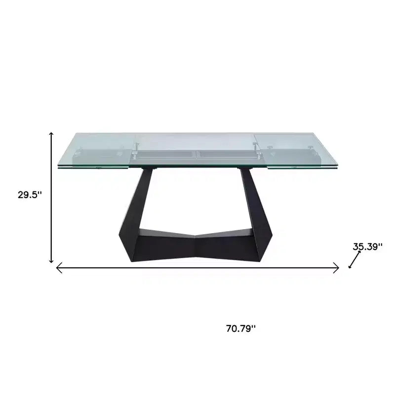 71 Clear and Black Glass and Metal Self-Storing Leaf Sled Base Extendable Dining Table