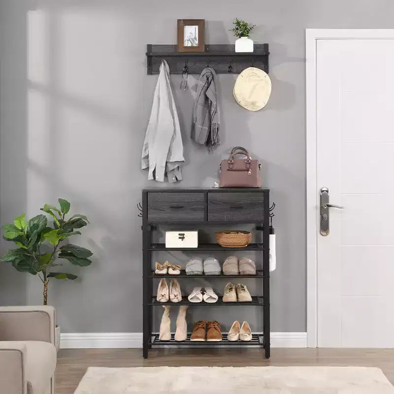 4-Tier Shoe Rack with 2 Drawers, Metal Shoe Organizer for 9 Pairs with Storage Shelves and Wooden Top, for Entryway, Hallway, Foyer, Closet