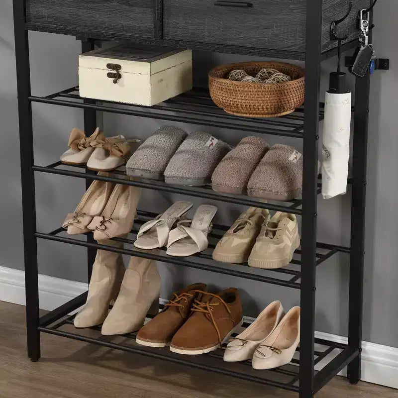 4-Tier Shoe Rack with 2 Drawers, Metal Shoe Organizer for 9 Pairs with Storage Shelves and Wooden Top, for Entryway, Hallway, Foyer, Closet