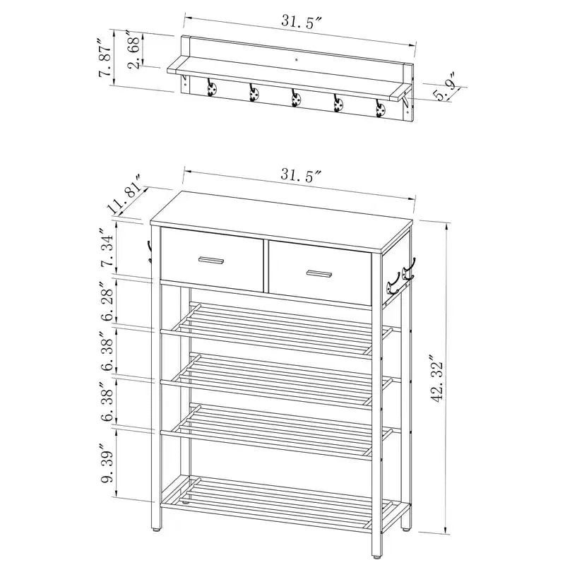 4-Tier Shoe Rack with 2 Drawers, Metal Shoe Organizer for 9 Pairs with Storage Shelves and Wooden Top, for Entryway, Hallway, Foyer, Closet