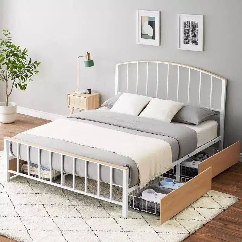 Bed Frame - Platform bed frame with headboard and footboard, 4 drawers, steel slat support base, no spring mattress required.
