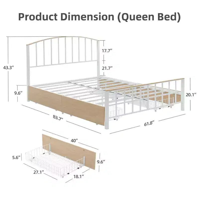Bed Frame - Platform bed frame with headboard and footboard, 4 drawers, steel slat support base, no spring mattress required.