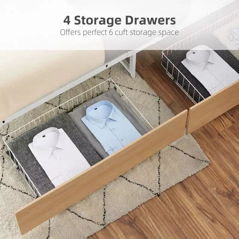 Bed Frame - Platform bed frame with headboard and footboard, 4 drawers, steel slat support base, no spring mattress required.