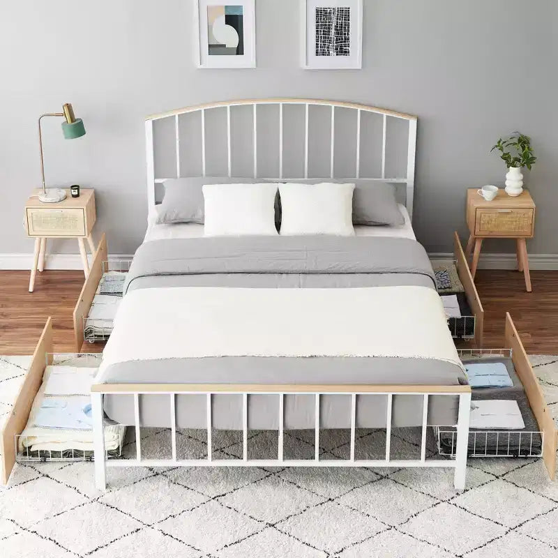 Bed Frame - Platform bed frame with headboard and footboard, 4 drawers, steel slat support base, no spring mattress required.