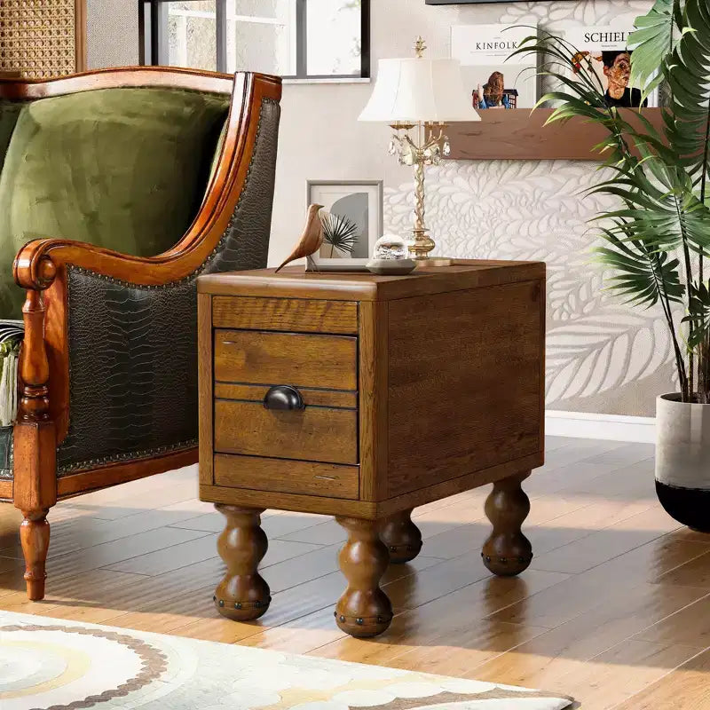 Vintage Rectangle End Table with Drawer, End Table with Wooden Legs and Surface, Narrow Side Table for Small Space, Living Room